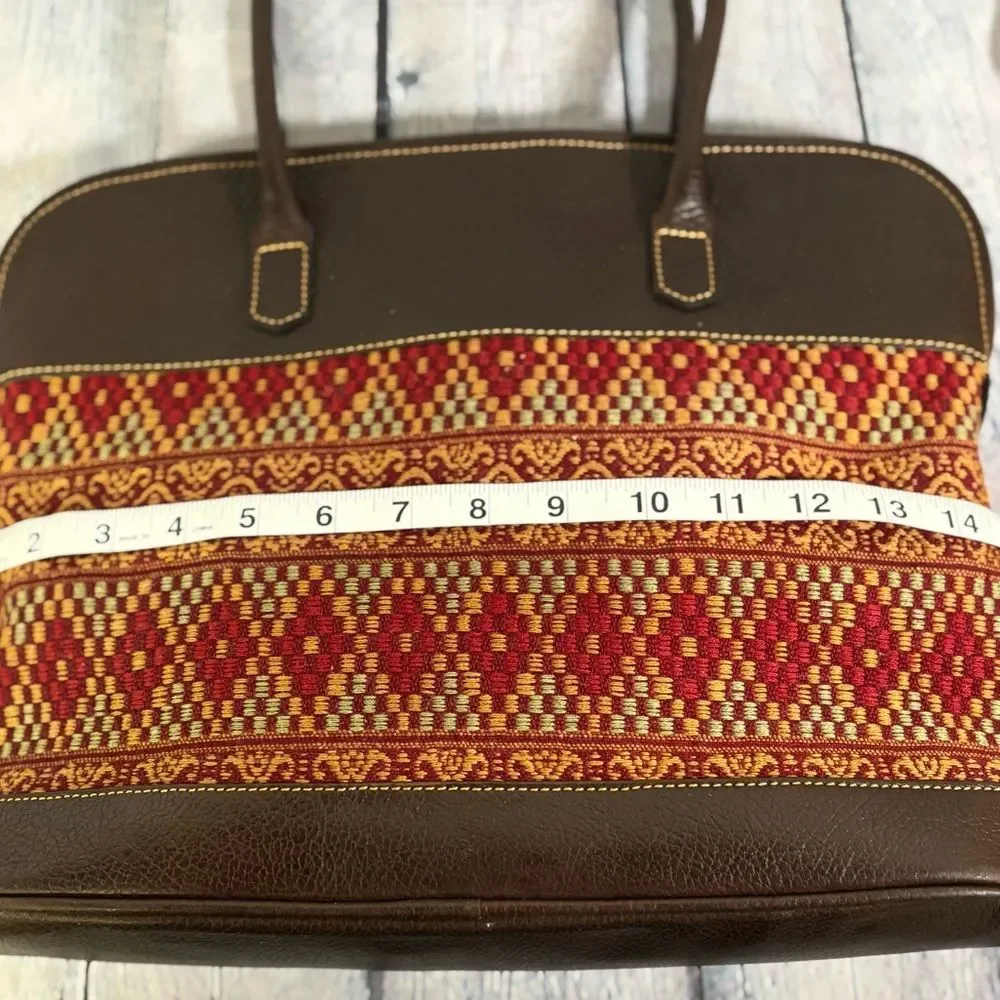 John Heaton Weekender Dark Chocolate Brown Leather Tapestry Boho Shoulder Purse